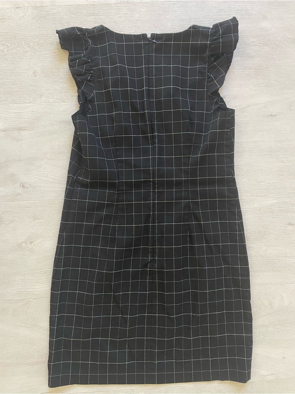 LOFT Black Windowpane Midi Dress with Ruffle Sleeves